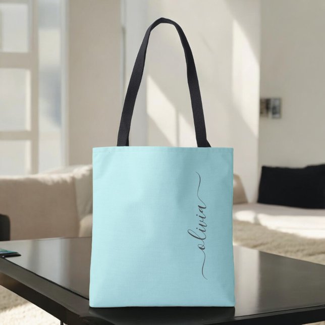 Aqua Blue Aquamarin Girly Script Monogram Modern Tasche (Von Creator hochgeladen)