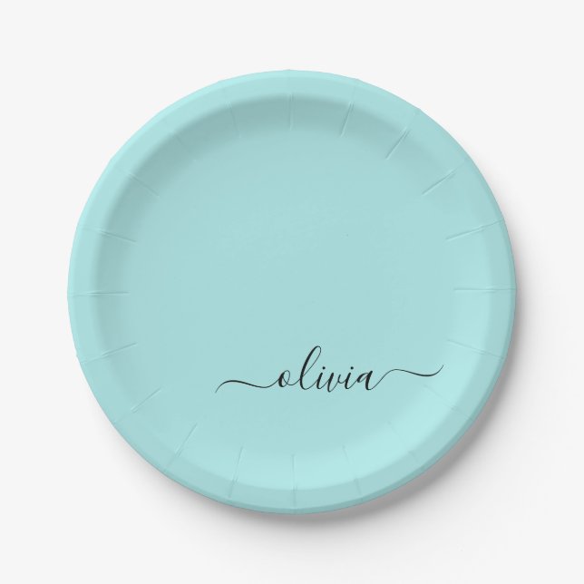 Aqua Blue Aquamarin Girly Script Monogram Name Mod Pappteller (Vorderseite)