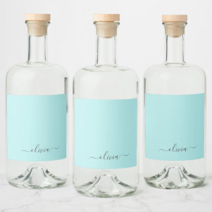 Aqua Blue Aquamarin Modern Script Monogram Name Alkoholflaschenetikett