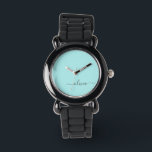 Aqua Blue Aquamarin Modern Script Monogram Name Armbanduhr<br><div class="desc">Aqua Blue Aquamarin Simple Script Monogram Name Watch. Das macht den perfekten 16 Geburtstag,  Hochzeit,  Brautparty,  Jubiläum,  Babydusche oder Junggeselinnen-Abschied Geschenk für jemanden,  der Lieben glamourösen Luxus und schicke Stile.</div>