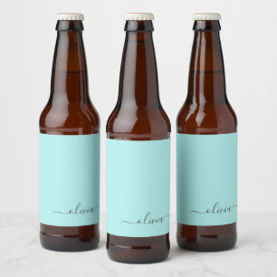 Aqua Blue Aquamarin Modern Script Monogram Name Bierflaschenetikett