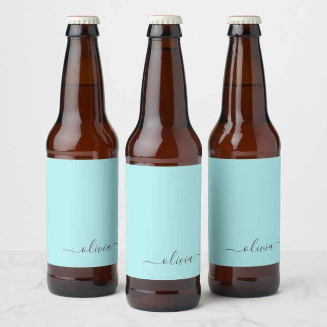 Aqua Blue Aquamarin Modern Script Monogram Name Bierflaschenetikett (Flaschen)