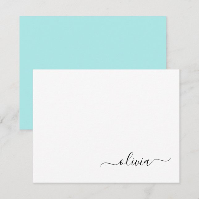 Aqua Blue Aquamarin Modern Script Monogram Name Dankeskarte (Vorne/Hinten)