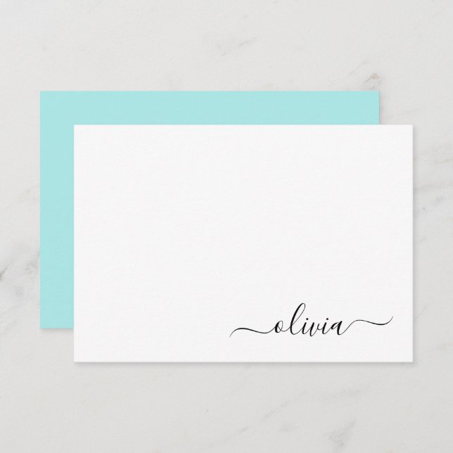 Aqua Blue Aquamarin Modern Script Monogram Name Dankeskarte (Vorne/Hinten)