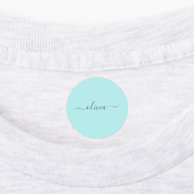 Aqua Blue Aquamarin Modern Script Monogram Name Etiketten (Befestigt)