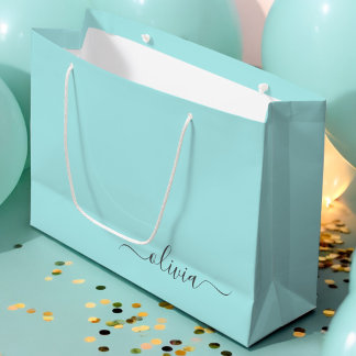 Aqua Blue Aquamarin Modern Script Monogram Name Große Geschenktüte