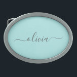 Aqua Blue Aquamarin Modern Script Monogram Name Ovale Gürtelschnalle<br><div class="desc">Aqua Blue Aquamarin einfache Skriptmonogramm Name Gürtelschnalle. Das macht den perfekten Abschluss,  süß 16 16.,  18.,  21.,  30.,  40.,  50.,  60.,  70.,  80.,  90.,  100. Geburtstag,  Hochzeit,  Brautparty,  Jubiläum,  Babydusche oder Junggeselinnen-Abschied Geschenk für jemanden,  der Luxus und Chic Stil Lieben glänze.</div>