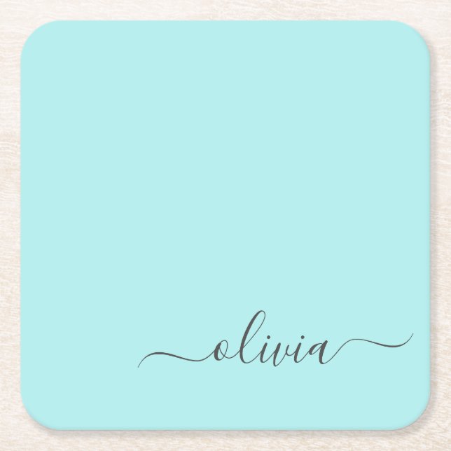 Aqua Blue Aquamarin Modern Script Monogram Name Rechteckiger Pappuntersetzer (Vorderseite)