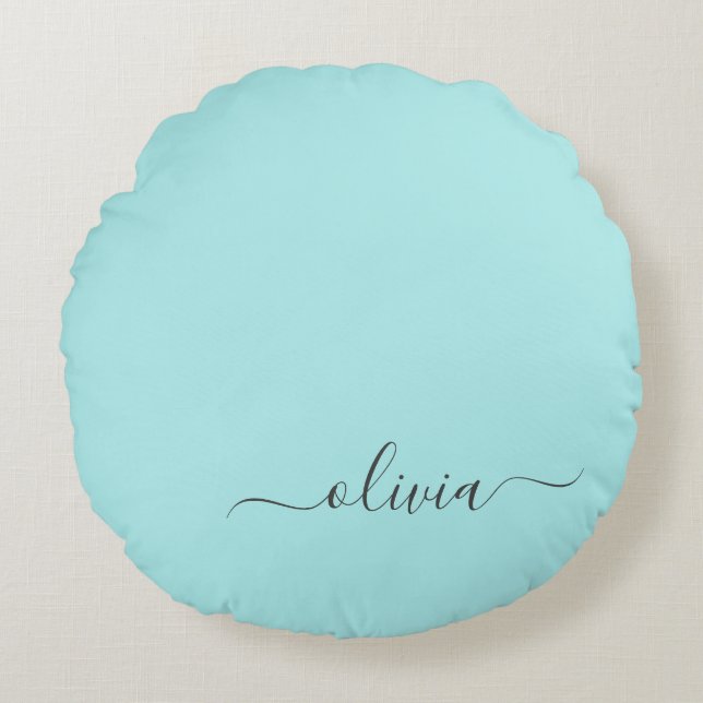 Aqua Blue Aquamarin Modern Script Monogram Name Rundes Kissen (Vorderseite)