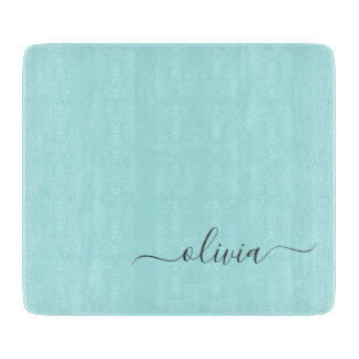 Aqua Blue Aquamarin Modern Script Monogram Name Schneidebrett