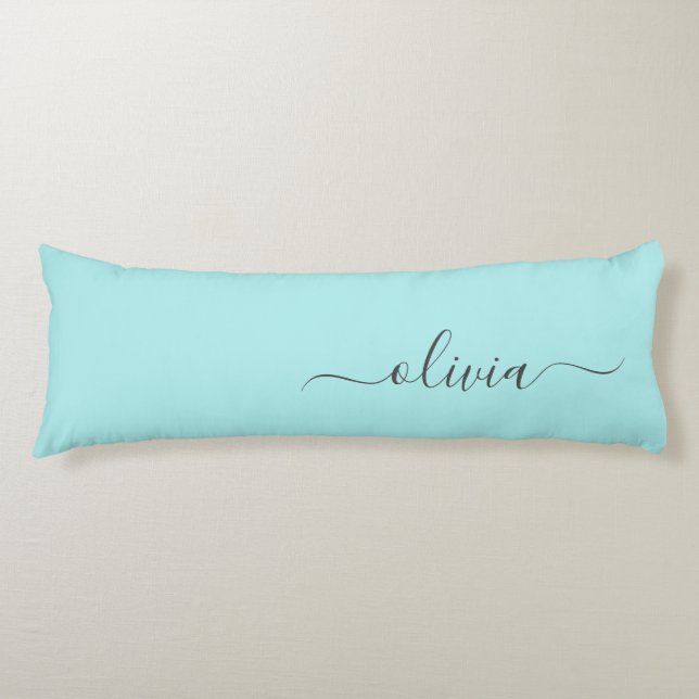 Aqua Blue Aquamarin Modern Script Monogram Name Seitenschläferkissen (Vorderseite)