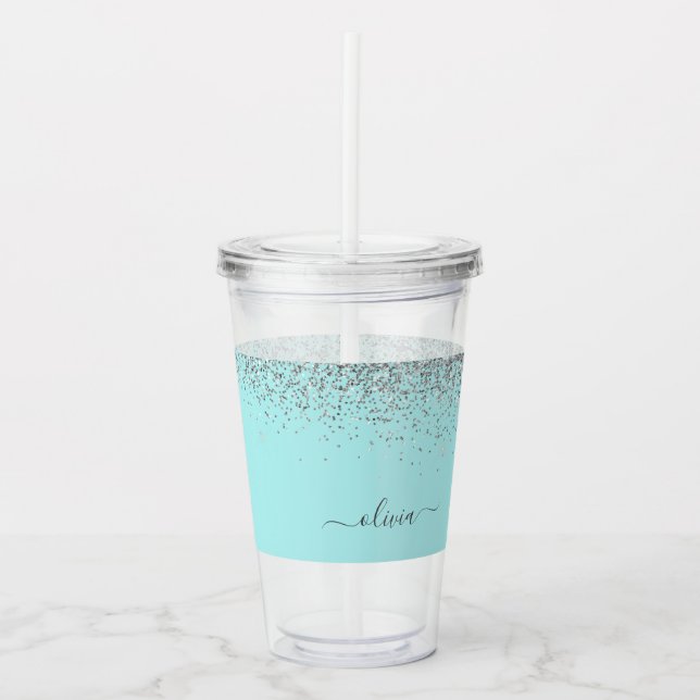 Aqua Blue Aquamarin Silver Glitzer Monogram Acryltrinkbecher (Vorderseite)