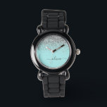 Aqua Blue Aquamarin Silver Glitzer Monogram Armbanduhr<br><div class="desc">Aqua Blue - Aquamarine und Silver Sparkle Glitzer Script Monogram Name Watch. Das macht den perfekten 16 Geburtstag,  Hochzeit,  Brautparty,  Jubiläum,  Babydusche oder Junggeselinnen-Abschied Geschenk für jemanden,  der Lieben glamourösen Luxus und schicke Stile.</div>