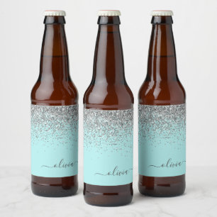 Aqua Blue Aquamarin Silver Glitzer Monogram Bierflaschenetikett
