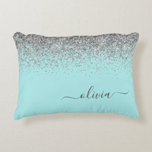 Aqua Blue Aquamarin Silver Glitzer Monogram Dekokissen