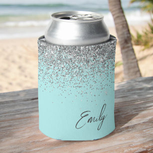 Aqua Blue Aquamarin Silver Glitzer Monogram Dosenkühler