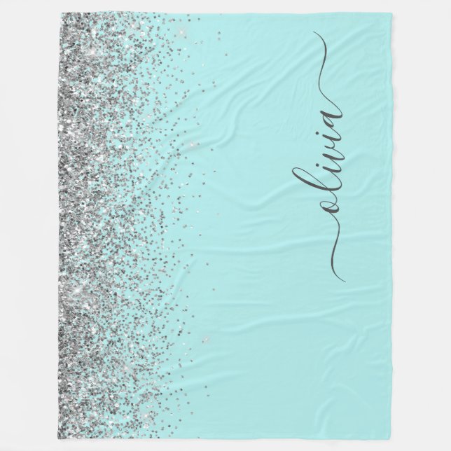 Aqua Blue Aquamarin Silver Glitzer Monogram Fleecedecke (Vorderseite)