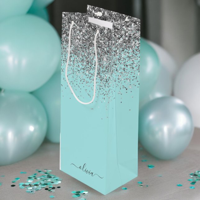 Aqua Blue Aquamarin Silver Glitzer Monogram Geschenktüte Für Weinflaschen (Von Creator hochgeladen)