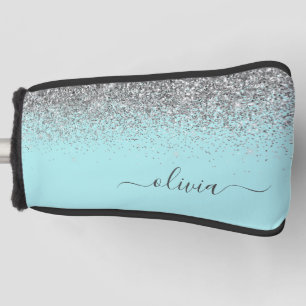 Aqua Blue Aquamarin Silver Glitzer Monogram Golf Headcover