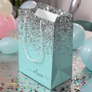 Aqua Blue Aquamarin Silver Glitzer Monogram Mittlere Geschenktüte