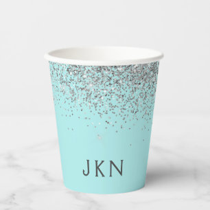 Aqua Blue Aquamarin Silver Glitzer Monogram Paper  Pappbecher