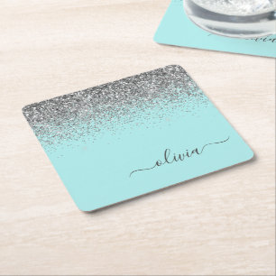 Aqua Blue Aquamarin Silver Glitzer Monogram Rechteckiger Pappuntersetzer