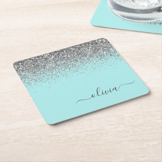 Aqua Blue Aquamarin Silver Glitzer Monogram Rechteckiger Pappuntersetzer (angewinkelt)
