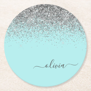 Aqua Blue Aquamarin Silver Glitzer Monogram Runder Pappuntersetzer