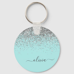 Aqua Blue Aquamarin Silver Glitzer Monogram Schlüsselanhänger