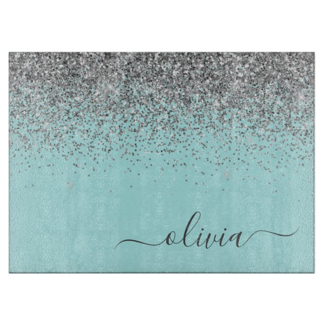 Aqua Blue Aquamarin Silver Glitzer Monogram Schneidebrett (Vorderseite)