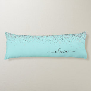 Aqua Blue - Aquamarin Silver Glitzer Monogram Seitenschläferkissen