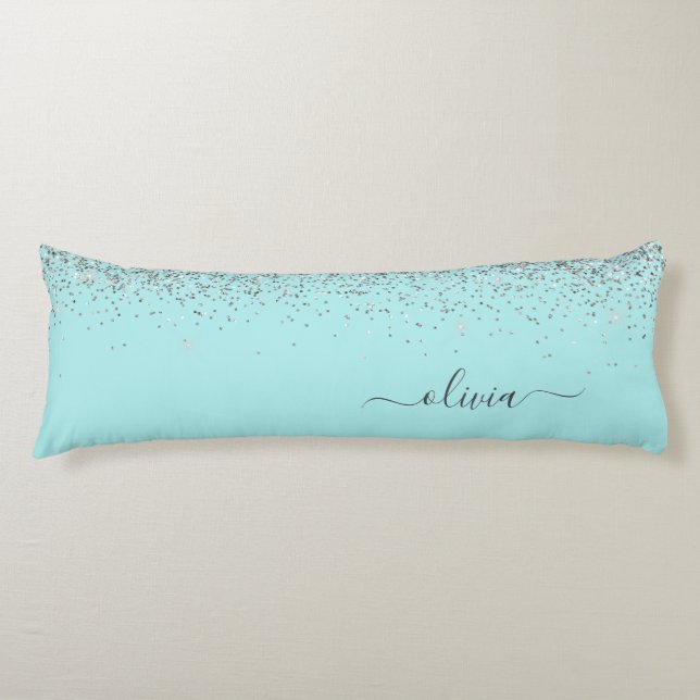 Aqua Blue - Aquamarin Silver Glitzer Monogram Seitenschläferkissen (Vorderseite)