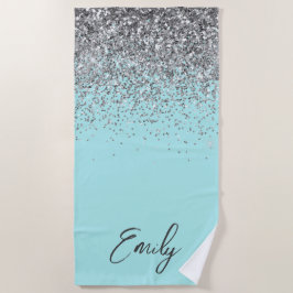 Aqua Blue Aquamarin Silver Glitzer Monogram Strandtuch