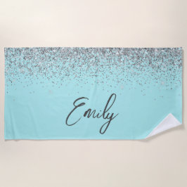Aqua Blue Aquamarin Silver Glitzer Monogram Strandtuch