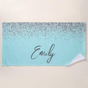 Aqua Blue Aquamarin Silver Glitzer Monogram Strandtuch