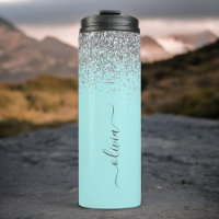 Aqua Blue Aquamarin Silver Glitzer Monogram