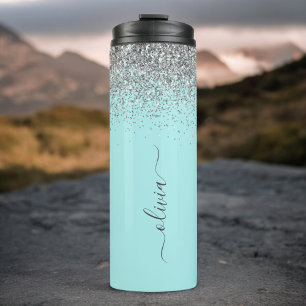 Aqua Blue Aquamarin Silver Glitzer Monogram Thermosbecher