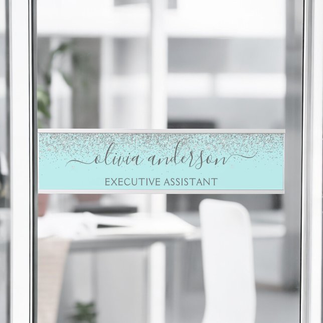 Aqua Blue Aquamarin Silver Glitzer Monogram Türschild (Von Creator hochgeladen)
