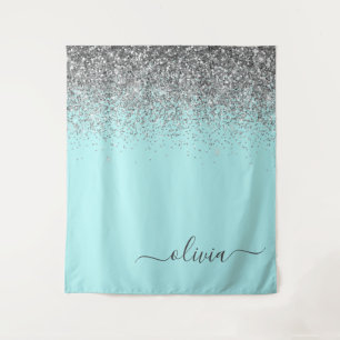 Aqua Blue Aquamarin Silver Glitzer Monogram Wandteppich