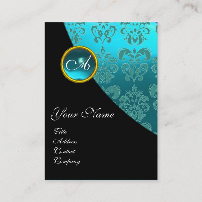 AQUA BLUE AQUAMARINE DAMASK MONOGRAM Turquase, Aqu Visitenkarte (Vorderseite)
