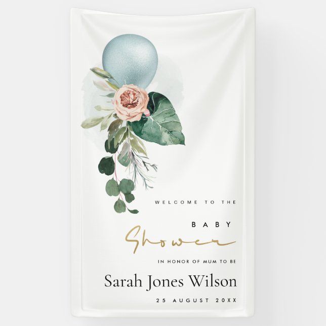 AQUA BLUE BALLOON PEACH FLORAL BUNCH BABY DUSCHE  BANNER (Vertikal)