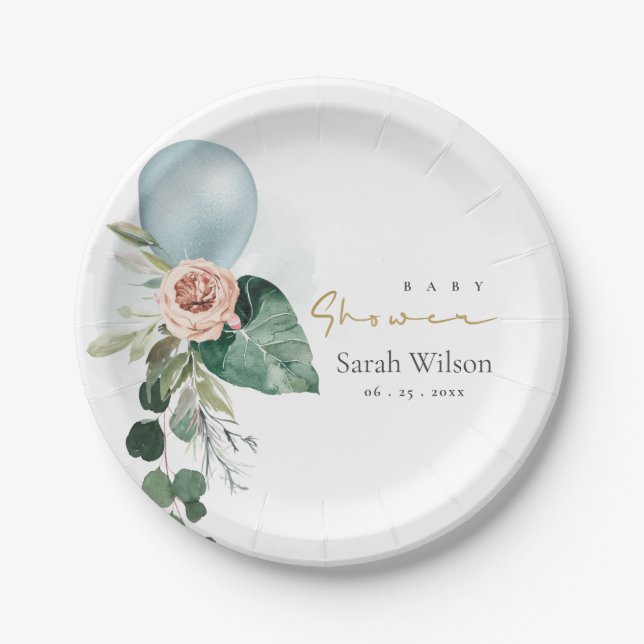 AQUA BLUE BALLOON PEACH FLORAL BUNCH BABY DUSCHE PAPPTELLER (Vorderseite)