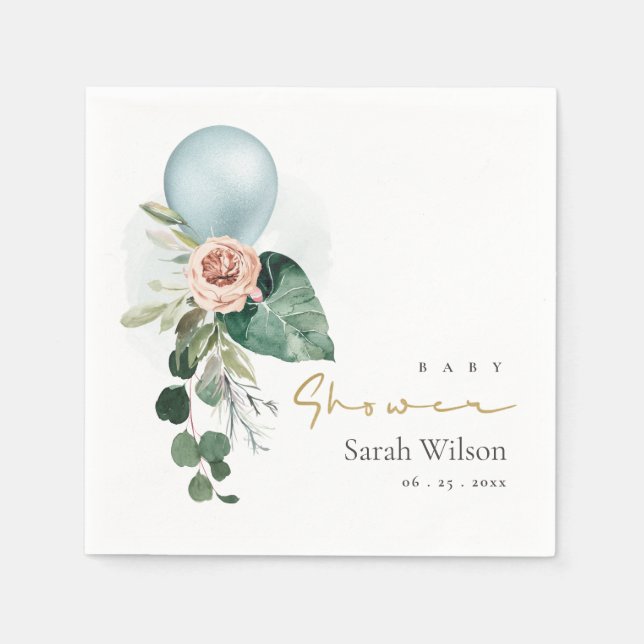 AQUA BLUE BALLOON PEACH FLORAL BUNCH BABY DUSCHE SERVIETTE (Vorderseite)