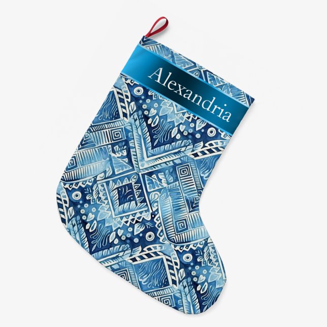 Aqua Blue Batik Weihnachtsname Großer Weihnachtsstrumpf (Vorderansicht (hängend))