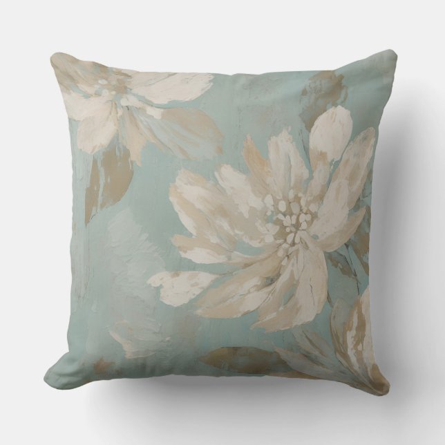 Aqua Blue Beige Creme Abstrakt Floral Kissen (Vorderseite)