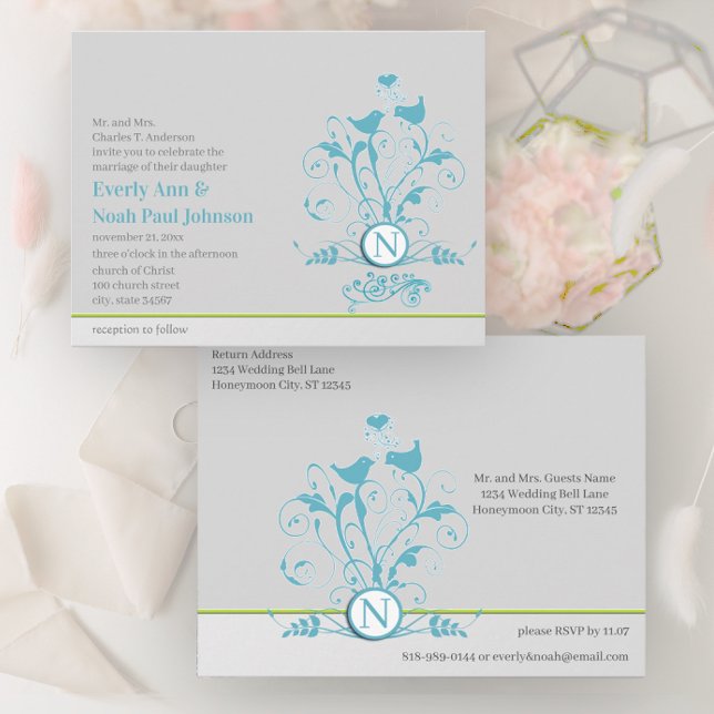Aqua Blue Birds Hearts Wedding Einladung Postcard (Von Creator hochgeladen)