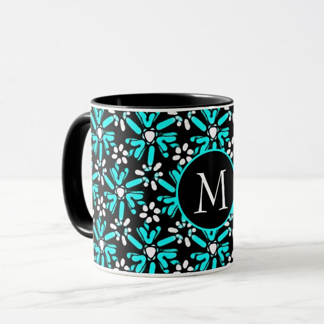 Aqua Blue & Black Batik Blume Muster Monogram Tasse (Vorderseite Links)