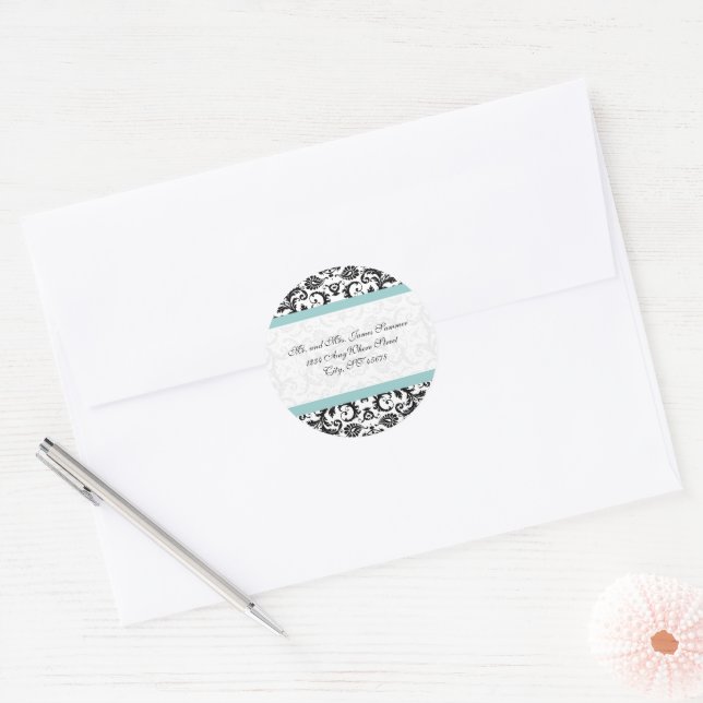 Aqua Blue Black Damask Adresse Hochzeitsticker Runder Aufkleber (Umschlag)