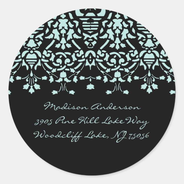 Aqua Blue & Black Damask Adressenaufkleber Runder Aufkleber (Vorderseite)