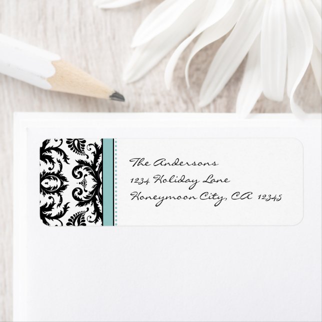 Aqua Blue & Black Damask Dots Adressenmarkierungen (Insitu)